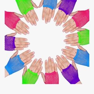 12 Pairs Neon Fingerless Fishnet Gloves Women Punk 80s Party Blue Pink Grn Purp